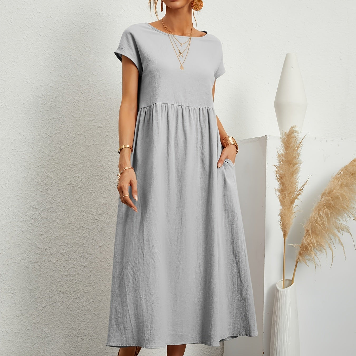 Dames Midi Jurk met Ronde Hals en Korte Mouwen