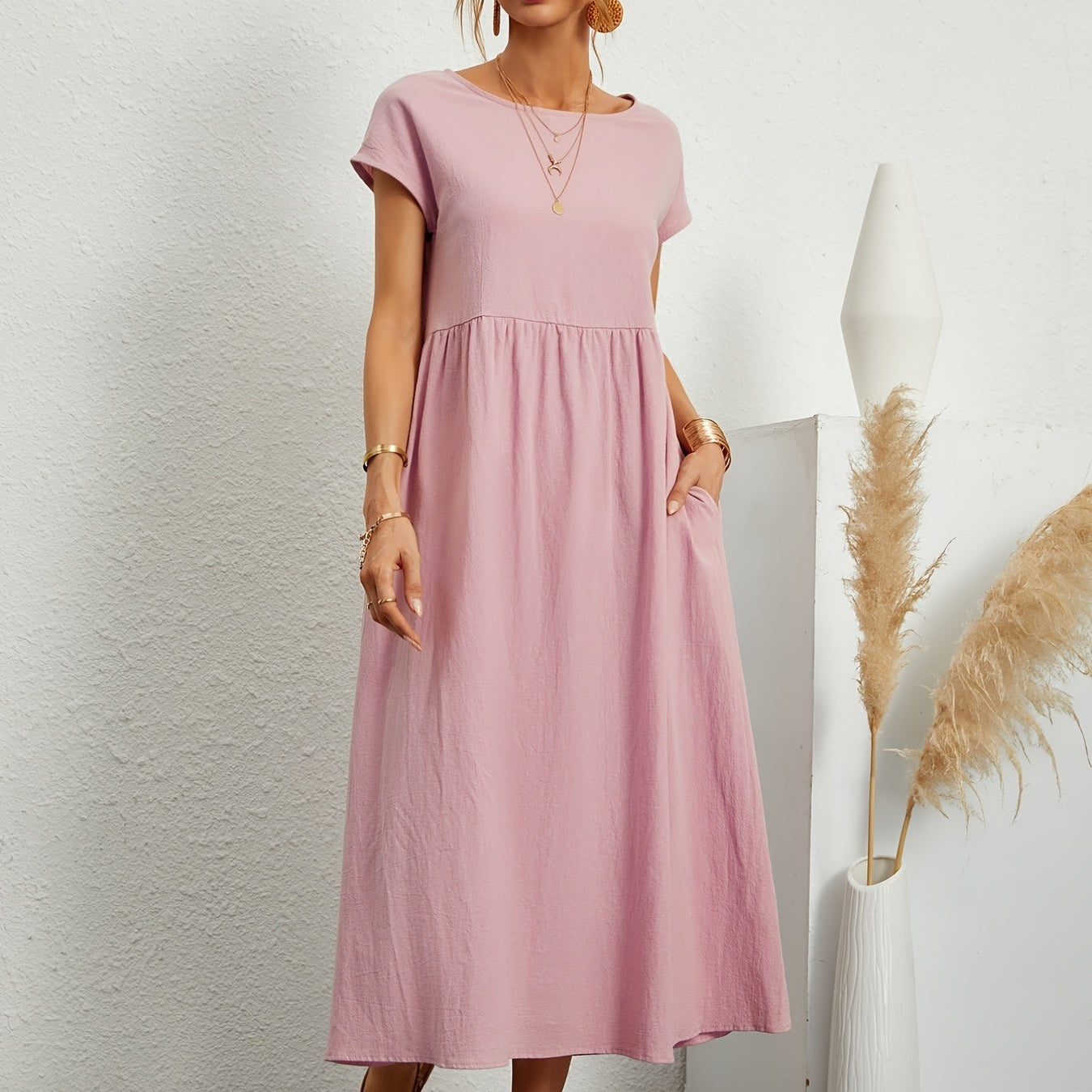 Dames Midi Jurk met Ronde Hals en Korte Mouwen
