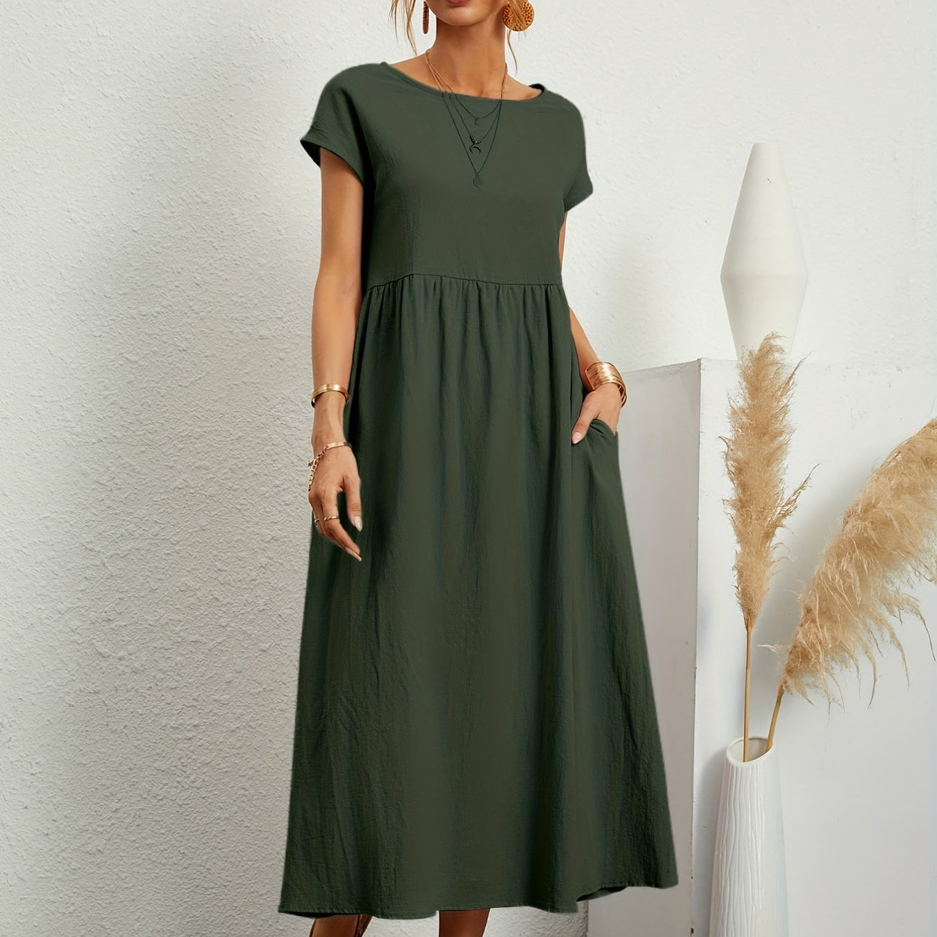 Dames Midi Jurk met Ronde Hals en Korte Mouwen