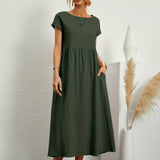 Dames Midi Jurk met Ronde Hals en Korte Mouwen