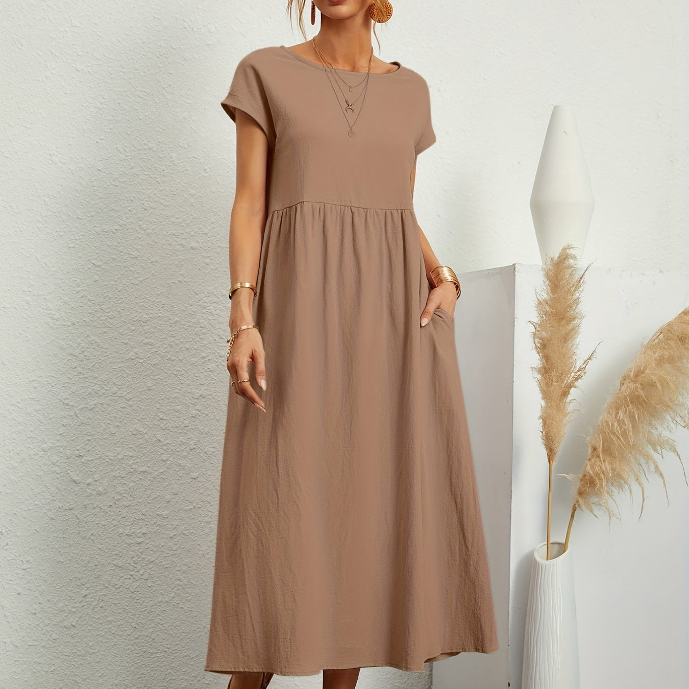 Dames Midi Jurk met Ronde Hals en Korte Mouwen