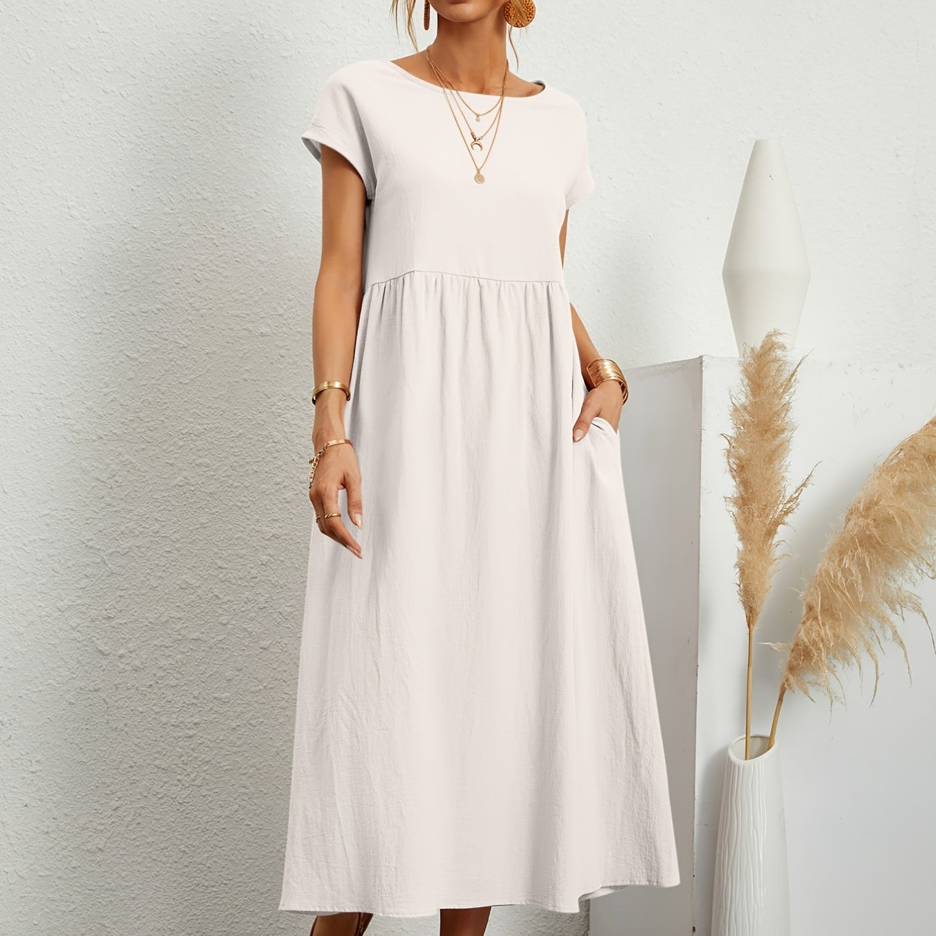 Dames Midi Jurk met Ronde Hals en Korte Mouwen