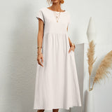 Dames Midi Jurk met Ronde Hals en Korte Mouwen