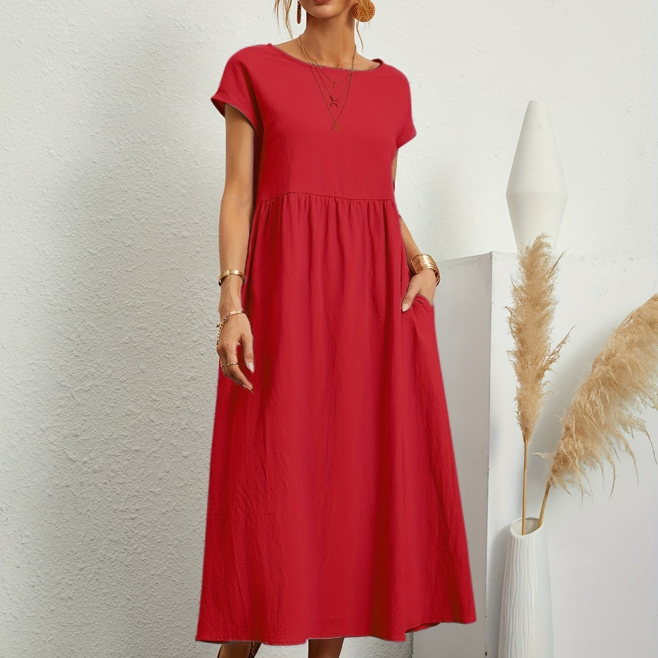 Dames Midi Jurk met Ronde Hals en Korte Mouwen