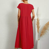 Dames Midi Jurk met Ronde Hals en Korte Mouwen