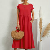 Dames Midi Jurk met Ronde Hals en Korte Mouwen