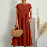 Dames Midi Jurk met Ronde Hals en Korte Mouwen