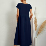 Dames Midi Jurk met Ronde Hals en Korte Mouwen