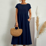 Dames Midi Jurk met Ronde Hals en Korte Mouwen