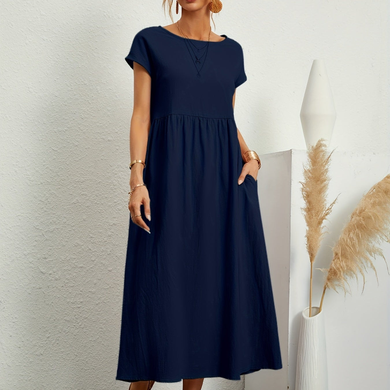 Dames Midi Jurk met Ronde Hals en Korte Mouwen