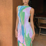 Maxi Jurk met Abstracte Print en Zijsplit