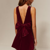 Velours Mini Jurk met Open Rug en Strikdetail