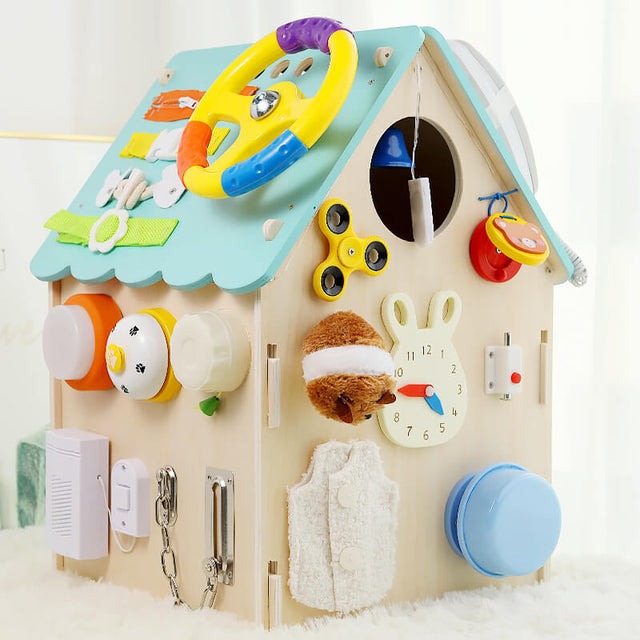 BusyHouse – multifunctioneel Montessori houten druk huis dat de fijne motoriek en probleemoplossende vaardigheden van je kind bevordert, met interactieve elementen voor eindeloos speelplezier.