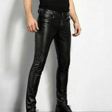 Heren slim fit PU leren broek met stretch