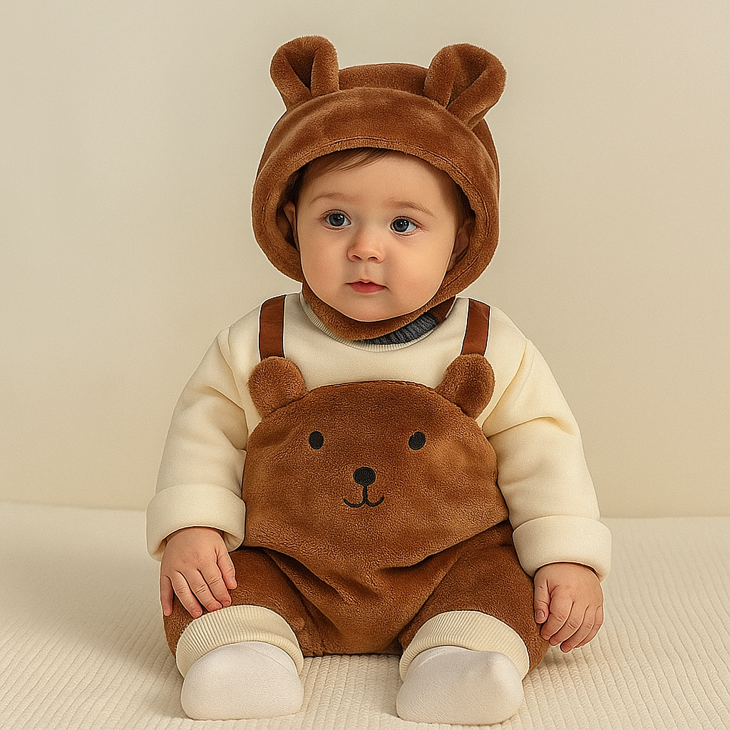 LittleSnow pluche babyset – romper, muts en shirt in zachte, warme stof voor comfort en schattige winterlooks.