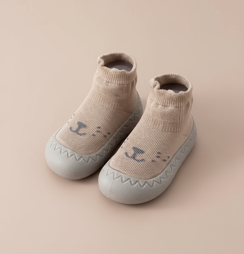 Cozy Step baby barefoot sokschoentjes – zachte, rekbare stof met antislipzool voor comfort, veiligheid en natuurlijke voetontwikkeling.