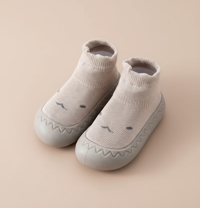 Cozy Step baby barefoot sokschoentjes – zachte, rekbare stof met antislipzool voor comfort, veiligheid en natuurlijke voetontwikkeling.
