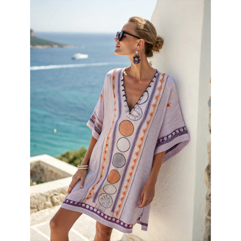 Strand Tuniek met V-Hals en Geometrisch Patroon