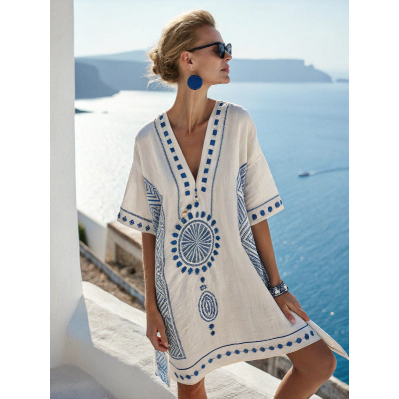 Strand Tuniek met V-Hals en Geometrisch Patroon