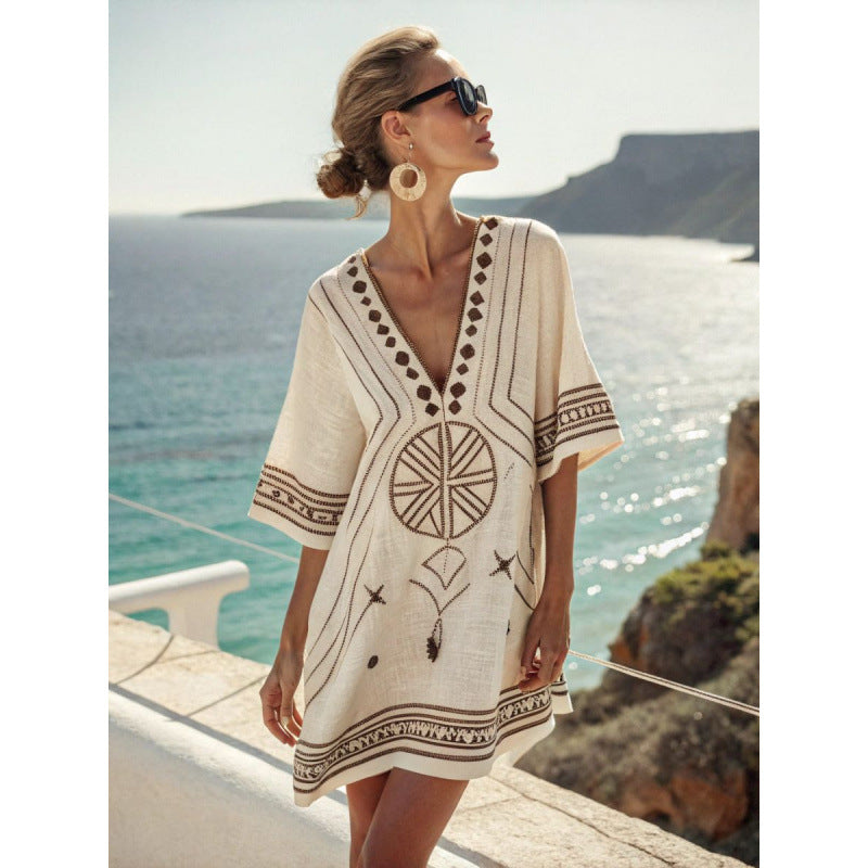 Strand Tuniek met V-Hals en Geometrisch Patroon