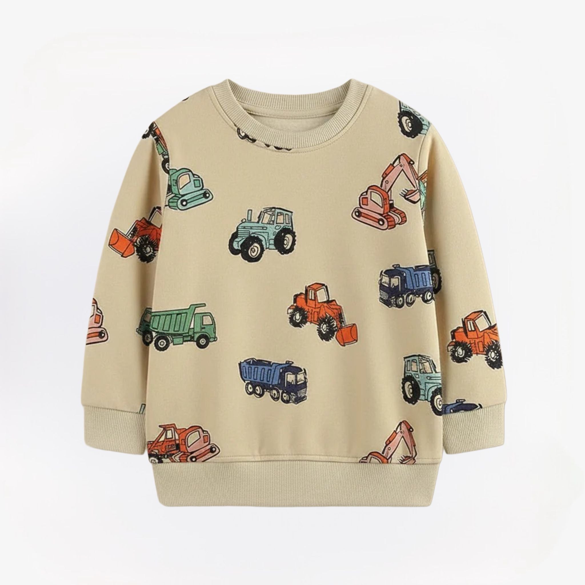 MiniBuilder sweater voor kinderen met bouwvoertuigen print, gemaakt van zachte en comfortabele stof – ideale trui voor dagelijks gebruik en speelse avonturen.