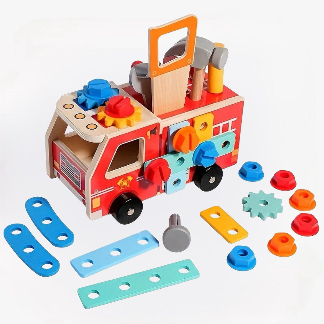 Montessori FireTruck houten brandweerauto speelgoed voor kinderen – duurzaam materiaal, beweegbare onderdelen en stimuleert fantasierijk en educatief spel.