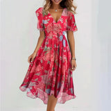 Midi Jurk met Bloemenprint en V-Hals