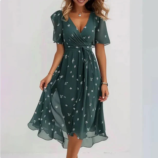 Midi Jurk met Bloemenprint en V-Hals