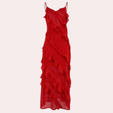 Adrienne elegante lange damesjurk met ruches voor de zomer, gemaakt van lichte, ademende stof met flatterende pasvorm.