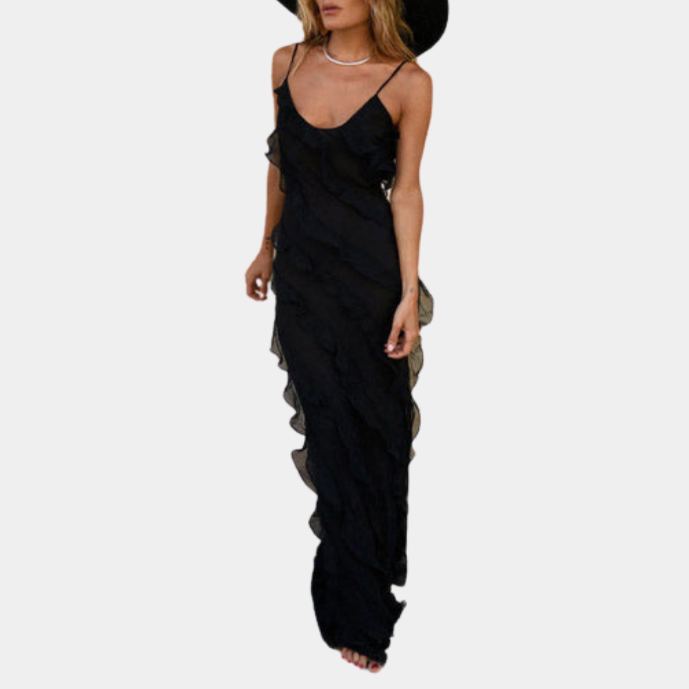 Adrienne elegante lange damesjurk met ruches voor de zomer, gemaakt van lichte, ademende stof met flatterende pasvorm.