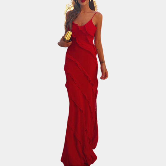 Adrienne elegante lange damesjurk met ruches voor de zomer, gemaakt van lichte, ademende stof met flatterende pasvorm.