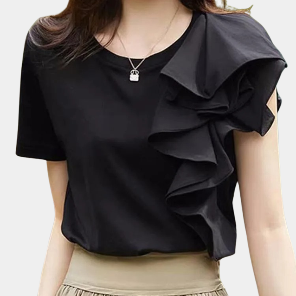 Elena - Stijlvolle damesblouse met ruches – Een chique blouse met delicate ruches langs de mouwen en halslijn, perfect voor een verfijnde, vrouwelijke look.