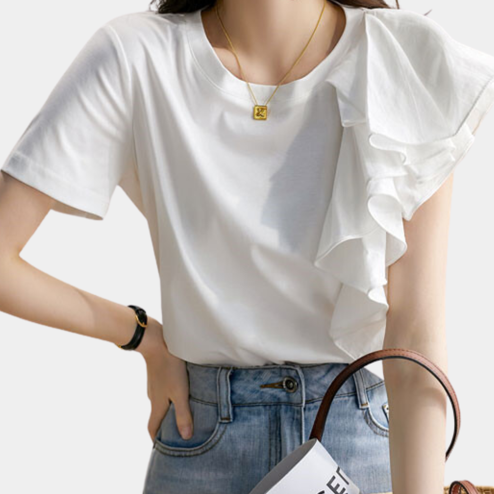 Elena - Stijlvolle damesblouse met ruches – Een chique blouse met delicate ruches langs de mouwen en halslijn, perfect voor een verfijnde, vrouwelijke look.
