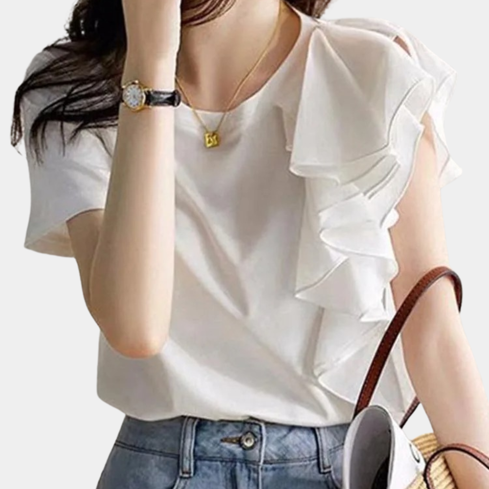 Elena - Stijlvolle damesblouse met ruches – Een chique blouse met delicate ruches langs de mouwen en halslijn, perfect voor een verfijnde, vrouwelijke look.
