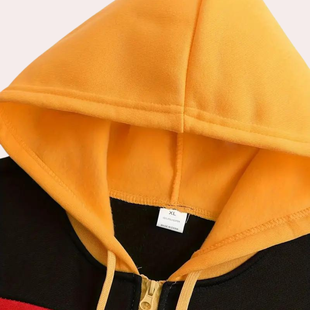 Casual oranje zomer hoodie met kleurblok voor heren – lichte en ademende hoodie met moderne kleurblokken, perfect voor een sportieve en trendy zomerse look.