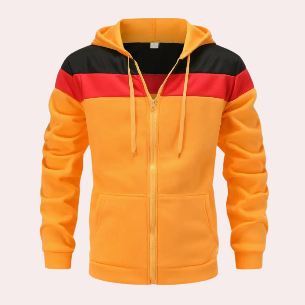 Casual oranje zomer hoodie met kleurblok voor heren – lichte en ademende hoodie met moderne kleurblokken, perfect voor een sportieve en trendy zomerse look.