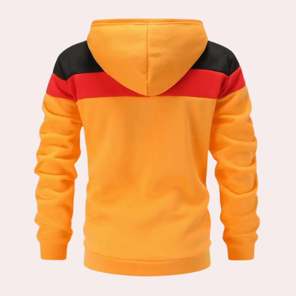 Casual oranje zomer hoodie met kleurblok voor heren – lichte en ademende hoodie met moderne kleurblokken, perfect voor een sportieve en trendy zomerse look.