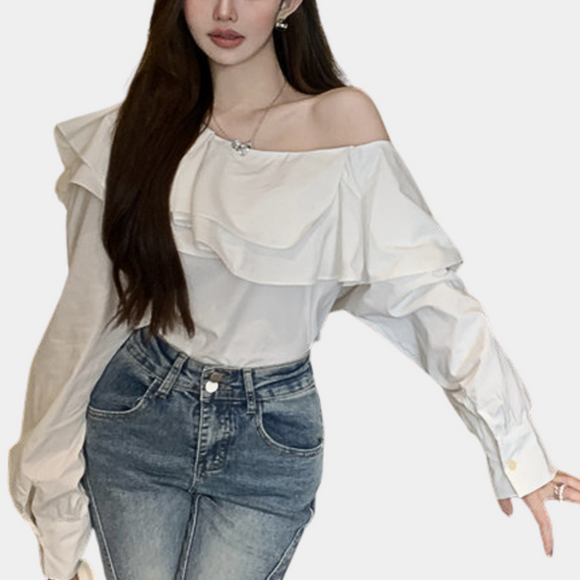 Alena – Elegante Off-Shoulder Blouse voor Dames – Verfijnde en Verleidelijke Stijl voor Zomerse Dagen of Avondjes Uit – Comfortabele Pasvorm met Stijlvolle Details – Perfect te Combineren met een Rok of Jeans voor een Chique Look.