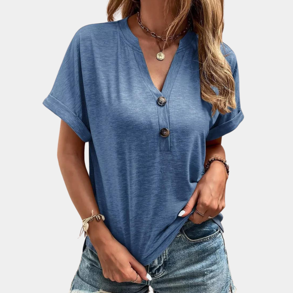 Roxane – Luchtige Zomertop voor Dames met Verfijnde V‑hals, Ademend Lightweight‑materiaal en Relaxte Pasvorm; perfect voor stijlvolle, koele zomerlooks.