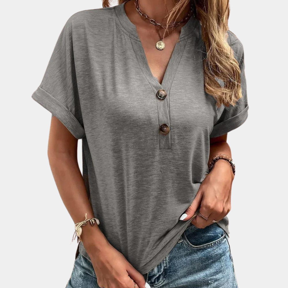 Roxane – Luchtige Zomertop voor Dames met Verfijnde V‑hals, Ademend Lightweight‑materiaal en Relaxte Pasvorm; perfect voor stijlvolle, koele zomerlooks.