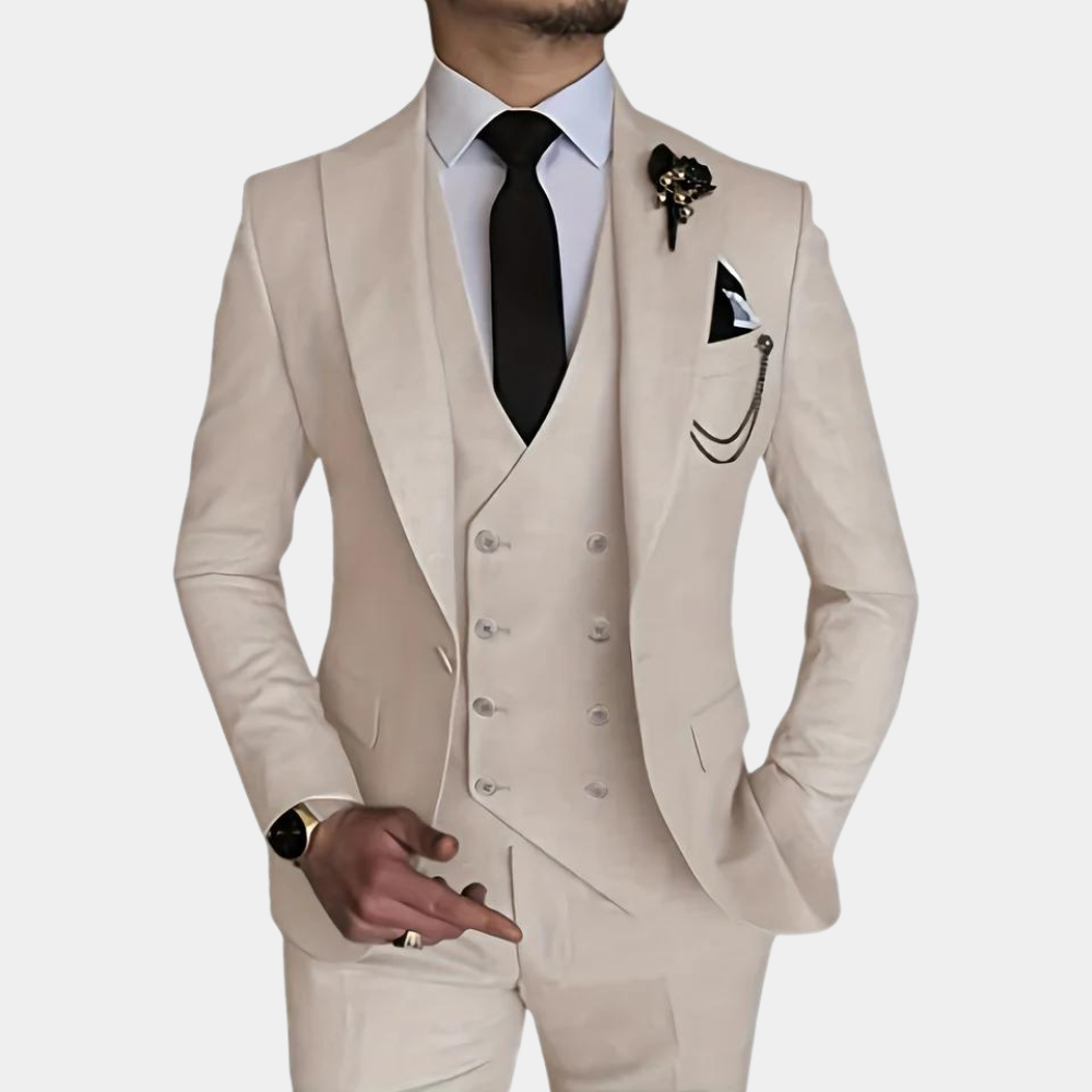 Adron 3-delig heren kostuum – Verfijnd en elegant ontwerp met blazer, vest en broek, ideaal voor bruiloften, gala’s en zakelijke evenementen. Stijlvolle pasvorm en hoogwaardige afwerking.