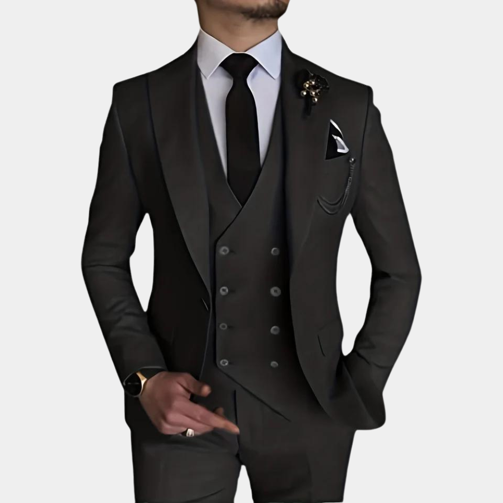 Adron 3-delig heren kostuum – Verfijnd en elegant ontwerp met blazer, vest en broek, ideaal voor bruiloften, gala’s en zakelijke evenementen. Stijlvolle pasvorm en hoogwaardige afwerking.