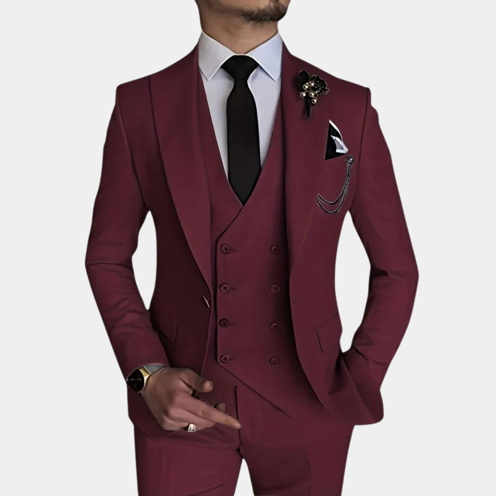 Adron 3-delig heren kostuum – Verfijnd en elegant ontwerp met blazer, vest en broek, ideaal voor bruiloften, gala’s en zakelijke evenementen. Stijlvolle pasvorm en hoogwaardige afwerking.