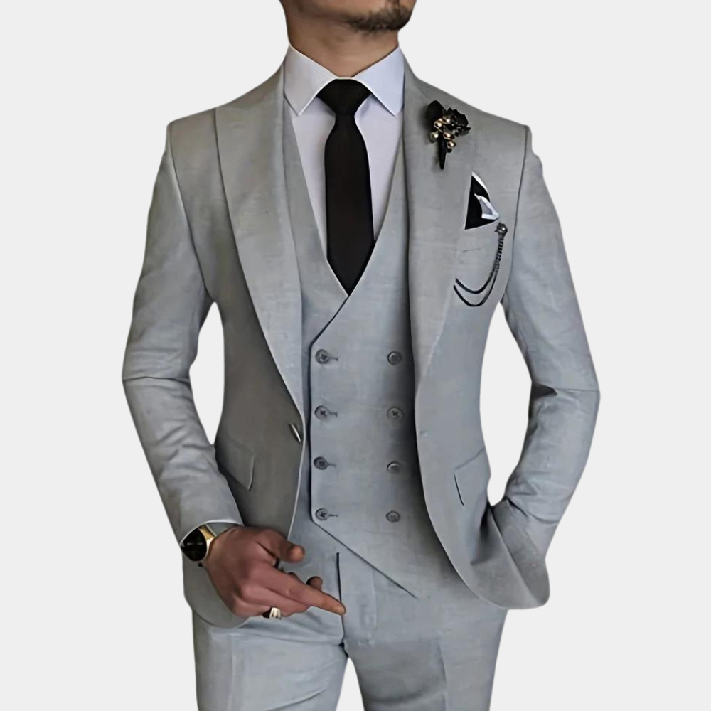 Adron 3-delig heren kostuum – Verfijnd en elegant ontwerp met blazer, vest en broek, ideaal voor bruiloften, gala’s en zakelijke evenementen. Stijlvolle pasvorm en hoogwaardige afwerking.
