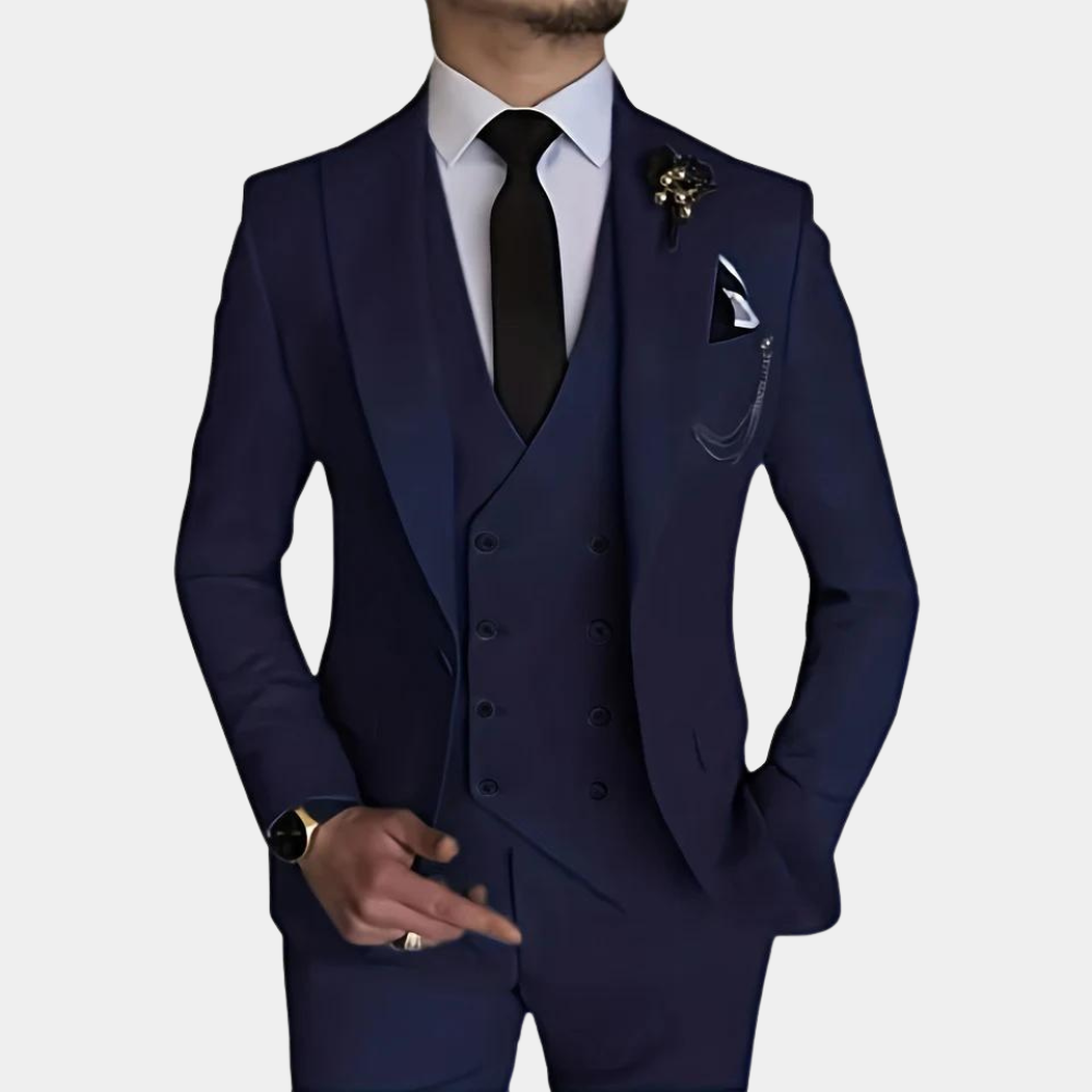 Adron 3-delig heren kostuum – Verfijnd en elegant ontwerp met blazer, vest en broek, ideaal voor bruiloften, gala’s en zakelijke evenementen. Stijlvolle pasvorm en hoogwaardige afwerking.