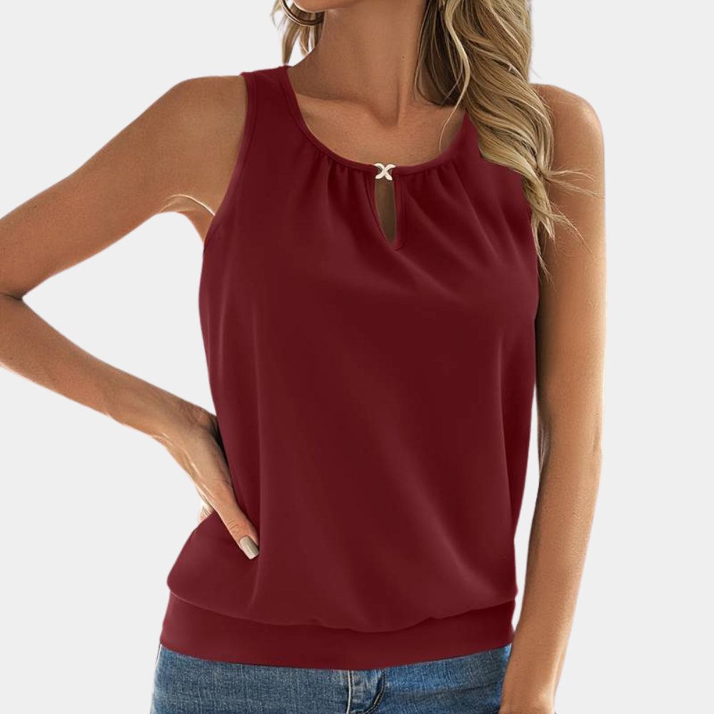 Jozefina – elegante mouwloze damestop in luchtige, lichtgewicht stof met flatterende, getailleerde pasvorm; perfecte zomerse basic voor stijlvolle, koele outfits.