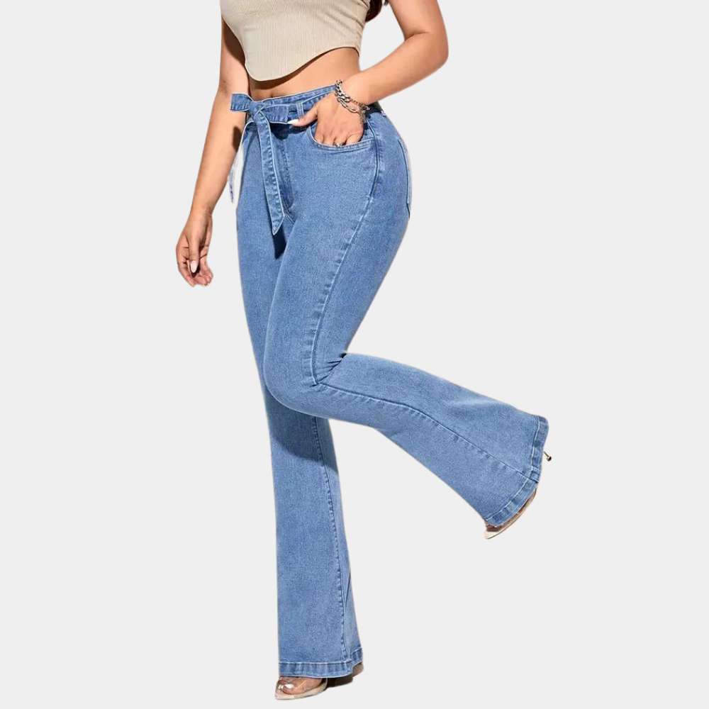 Damesjeans met hoge stretch en wijde pijpen – zomerse editie van lichtgewicht, ademende denim voor optimale comfort en trendy uitstraling.