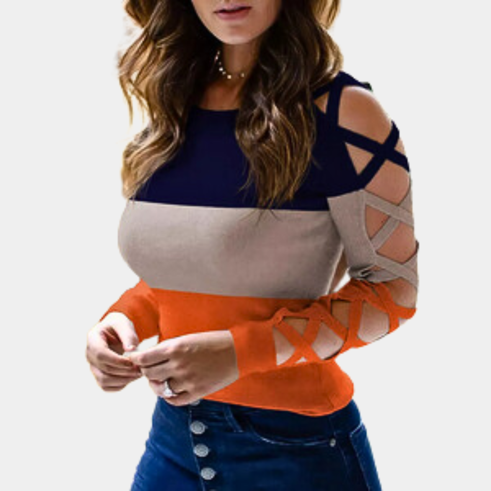 Edina – trendy damesshirt met unieke kriskras mouwen in contrasterende kleuren, modern design met comfortabele pasvorm voor dagelijks gebruik.