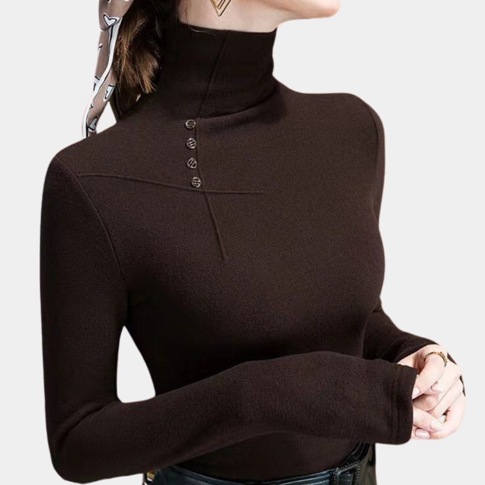 Larissa – luxe damesshirt met hoge hals, vervaardigd uit zachte, fijngebreide stof voor een elegante, comfortabele uitstraling.
