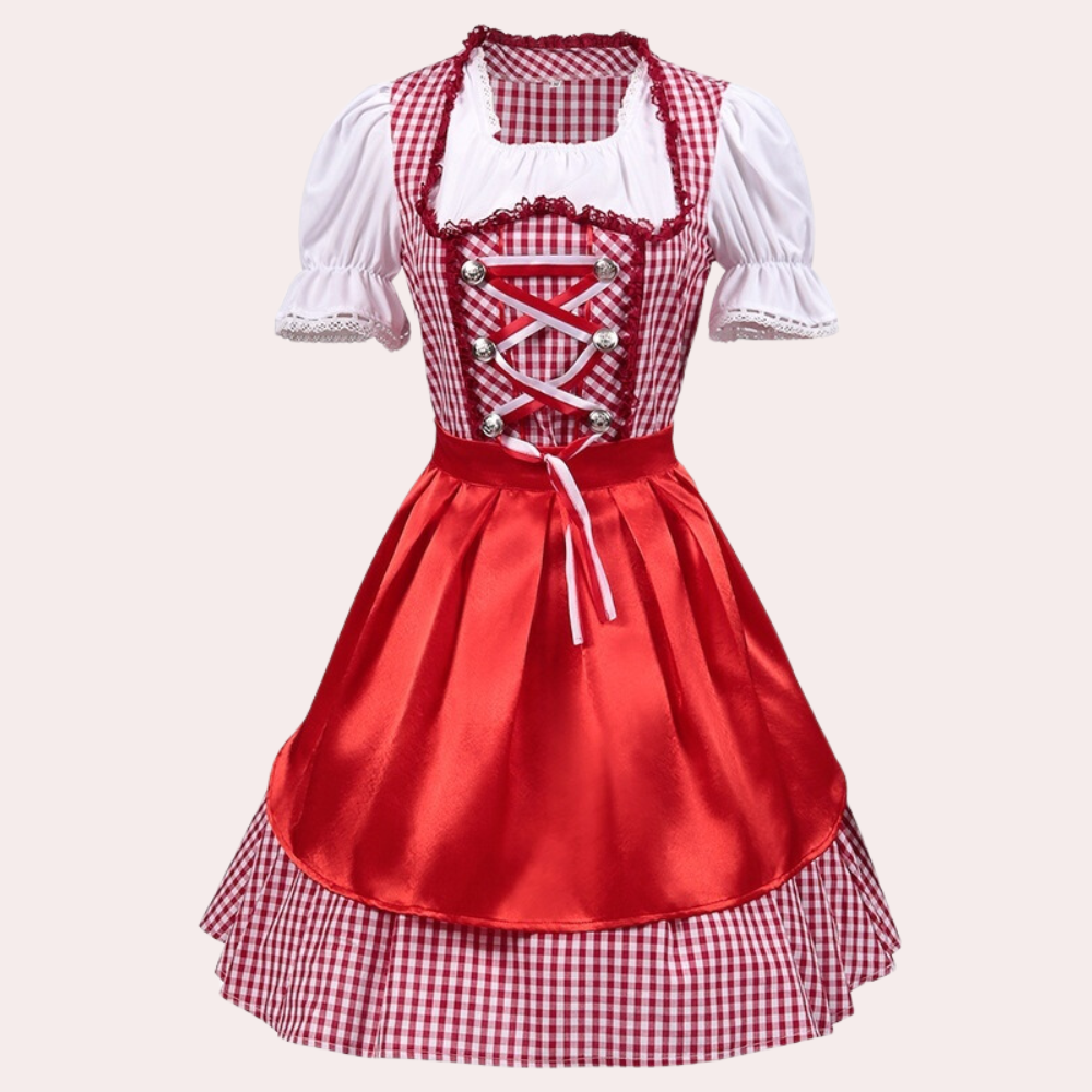 Traditionele rode Beierse Oktoberfest dirndljurk voor dames – klassiek Beiers ontwerp met elegante pasvorm en hoogwaardige stof, perfect voor bierfeesten, themafeesten en verkleedpartijen.